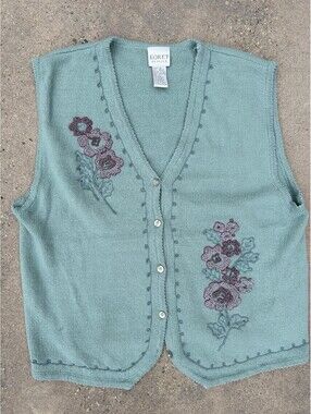 Vintage Koret Teal Purple Floral Embroidered Button Up Sweater Vest Her Size L